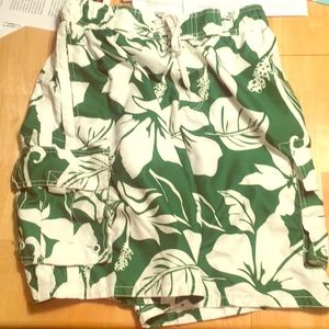 Green and White Flower Swim Trunks